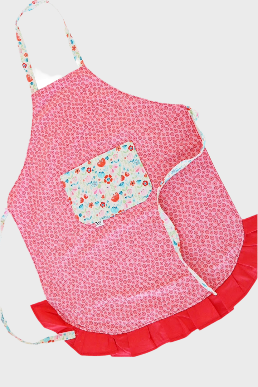 Tablier de cuisine pour enfant, rouge avec petit fleur, poche à l'avant au design fleurie