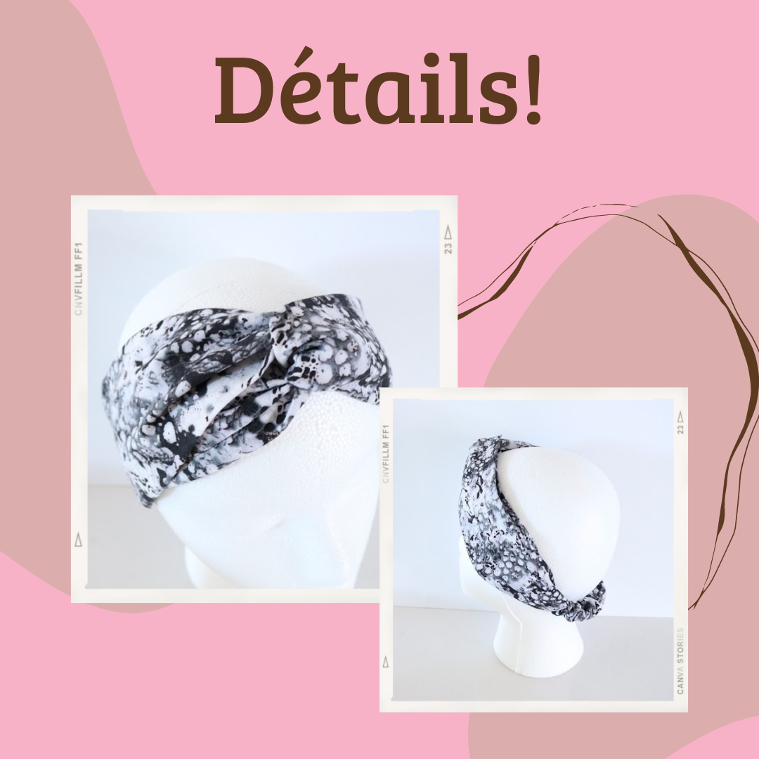 Bandeaux pour cheveux noir et blanc, taille adulte