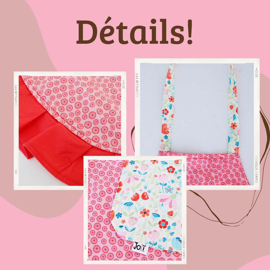 Tablier de cuisine pour enfant, rouge avec petit fleur, poche à l'avant au design fleurie